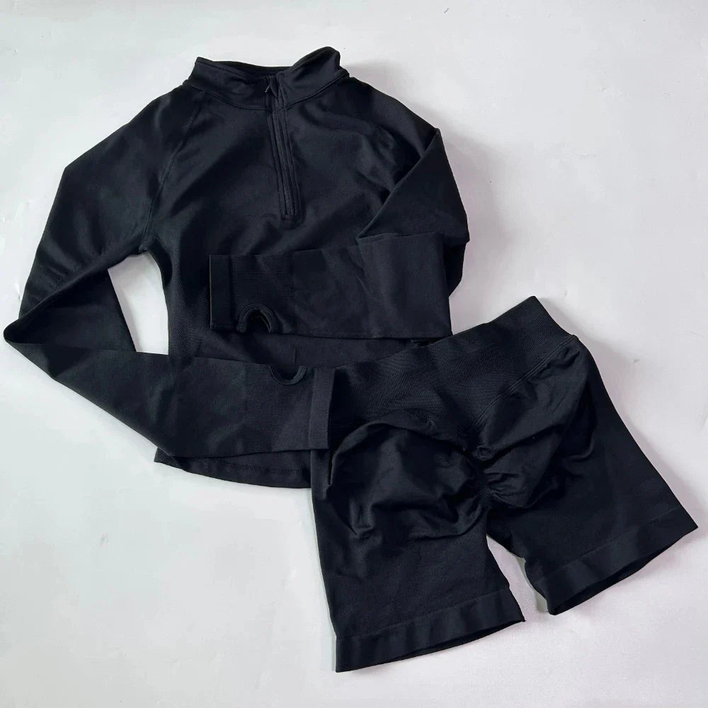 2pcs Long Sleeve Yoga Set Women Half Zippy Jacket Longline Sports Top Gym Shorts Fitness Suits Running Coats Workout Set