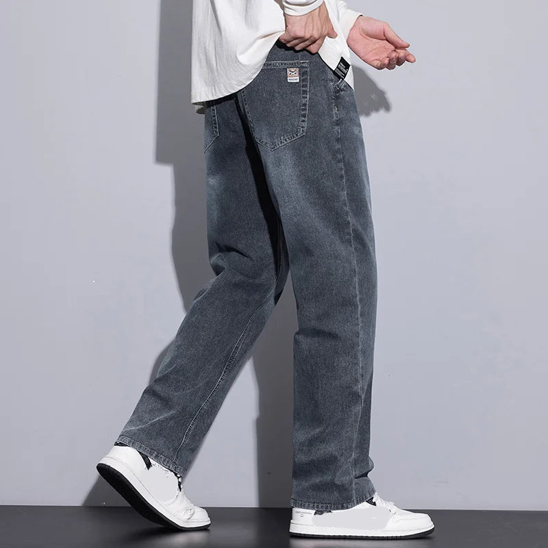 New Men's Micro Elastic Wide Leg Jeans American Retro Versatile Loose Fit Long Pants for All Seasons
