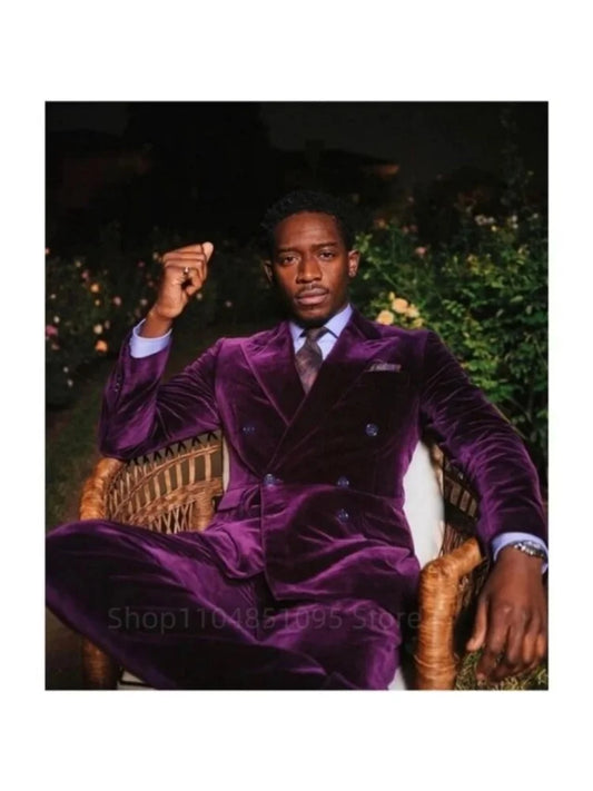 2 Piece Purple Velvet Men Wedding Dress Suits Peak Lapel Double Breasted Blazer Wedding Men Suits Fashion Groom Party Tuxedo Set