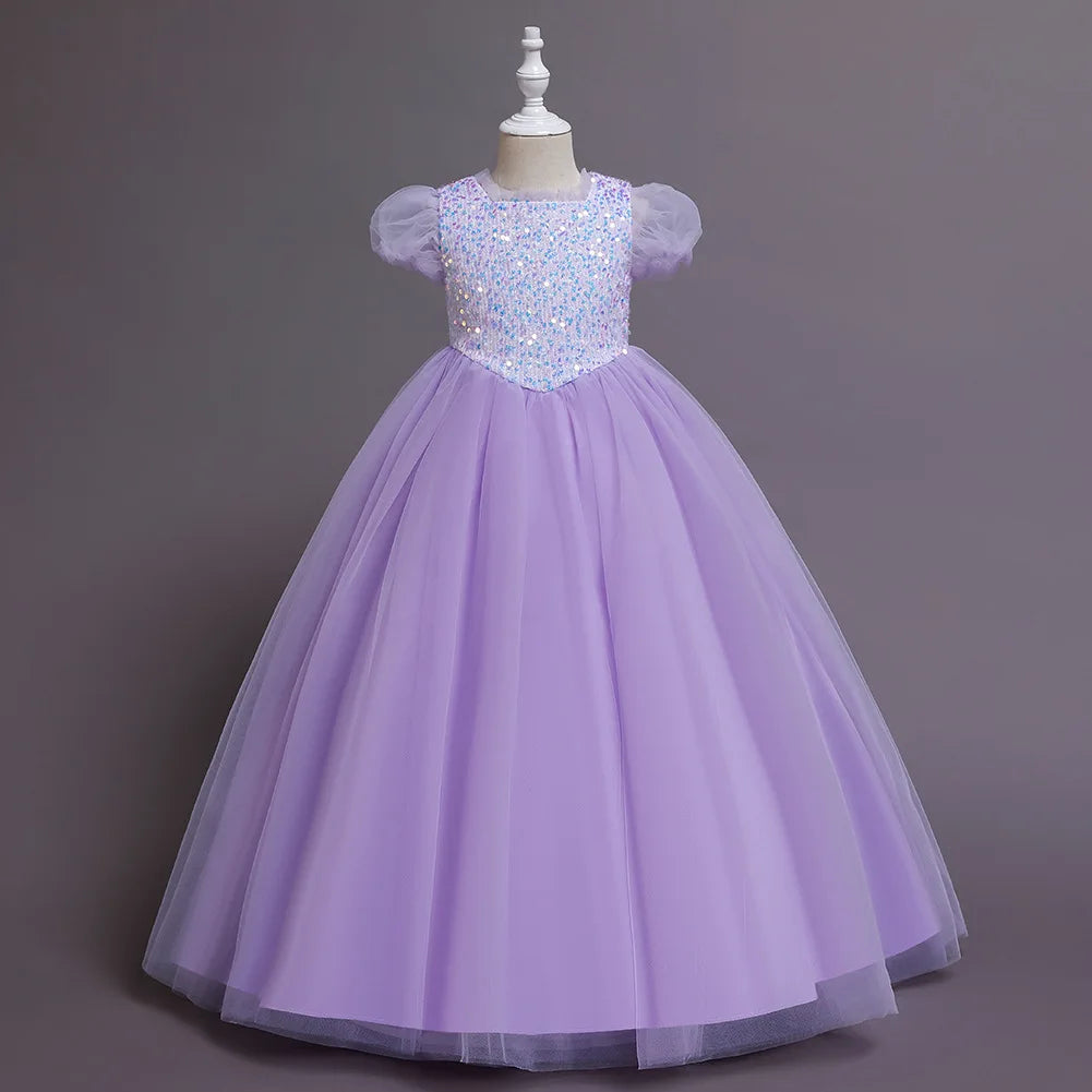 Girls Dress Color Mesh Dress Long Sequin Children's Skirt Girls Piano Host Costumes#323