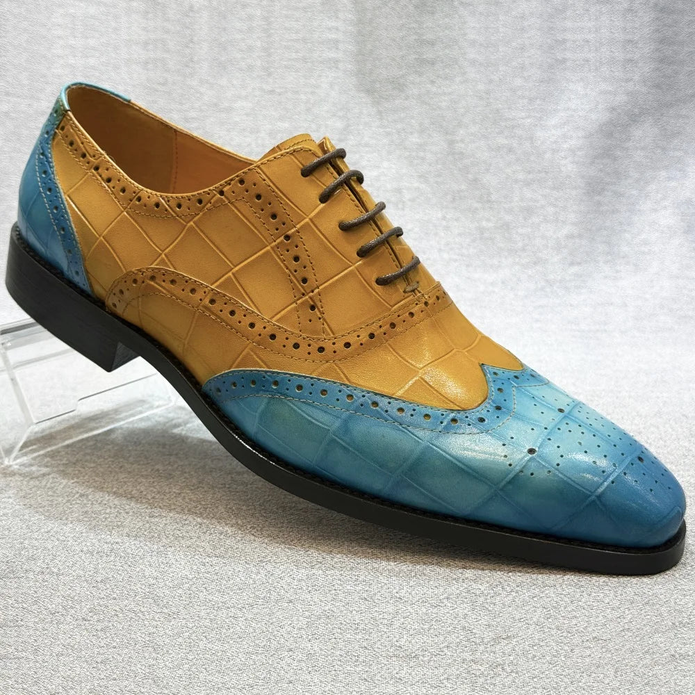 Men's Genuine Leather Wingtip Oxfords Shoes Italian Wedding Dress Shoes Green/Camel Business Formal Male Footwear