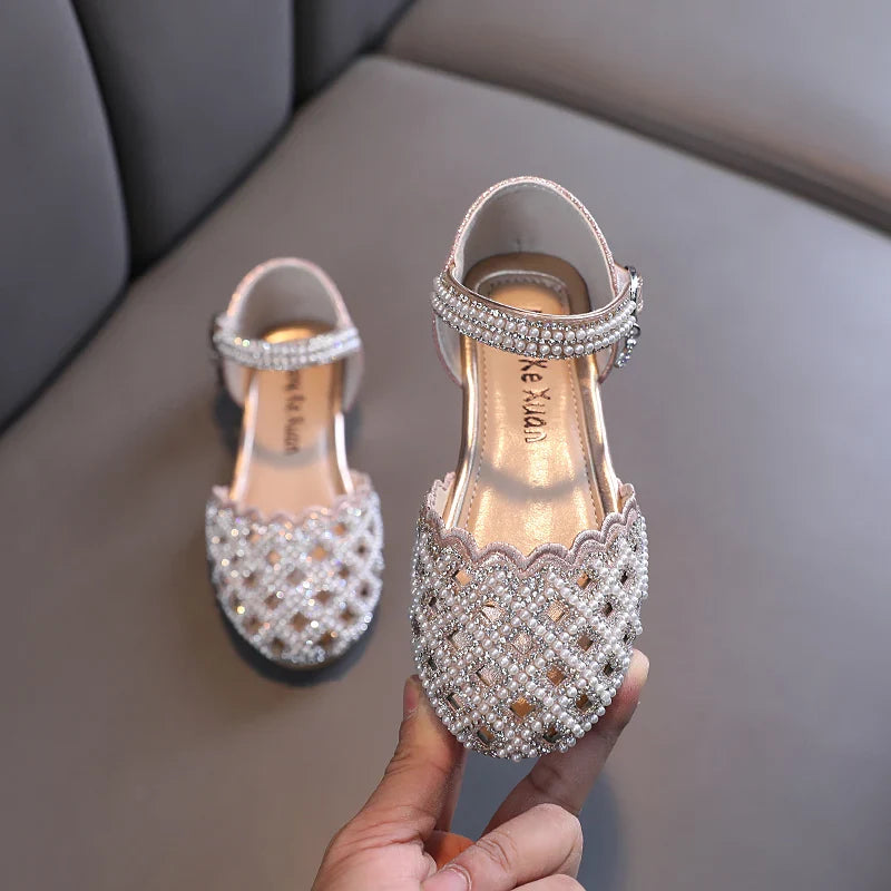 Summer Girl's Sandals Sliver Pink Diamante Luxury Hollow-out Kids Sliders Hook-loop Round Toe Glitter Stylish Children Shoe26-36
