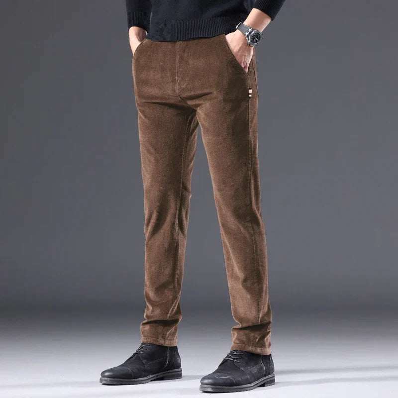 Men's Corduroy Slim Casual Pants 2024 Autumn New Coffee Fashion Stretch Straight Trousers Solid Color Male Clothes