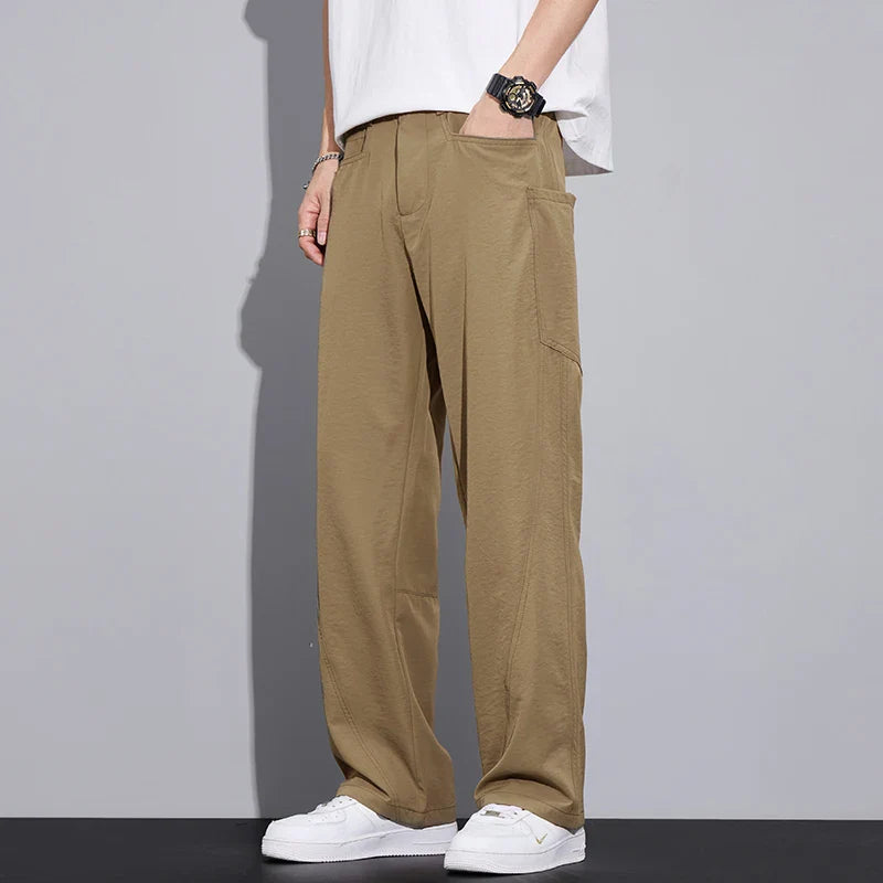 2026 Summer Thin Men's Loose Pants with Large Pockets Work Style Casual Straight Solid Color Male Simple Baggy Pants