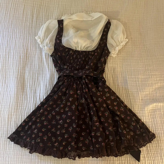 Spring Sweet Vintage Elegant Woman Dress Y2k Puff Sleeve High Waist Fake 2 Piece Mini Dress Female Doll Collar Chic Outfits 2025
