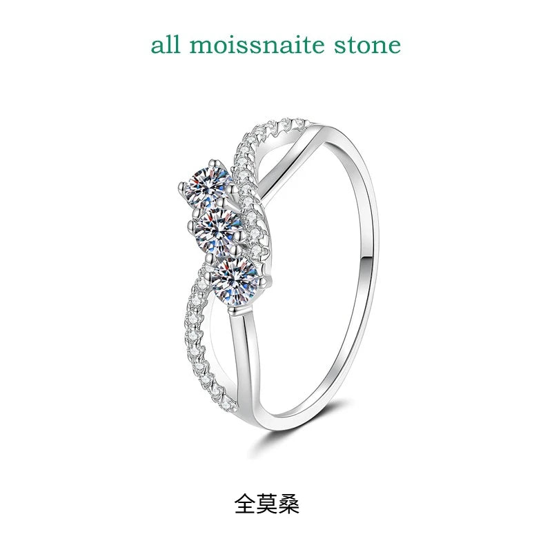 Real S925 Sterling Silver Moissanite Ring for Women 3 Stone Twisted Band Halo Gift for Her D Color VVS1 Dainty Jewelry