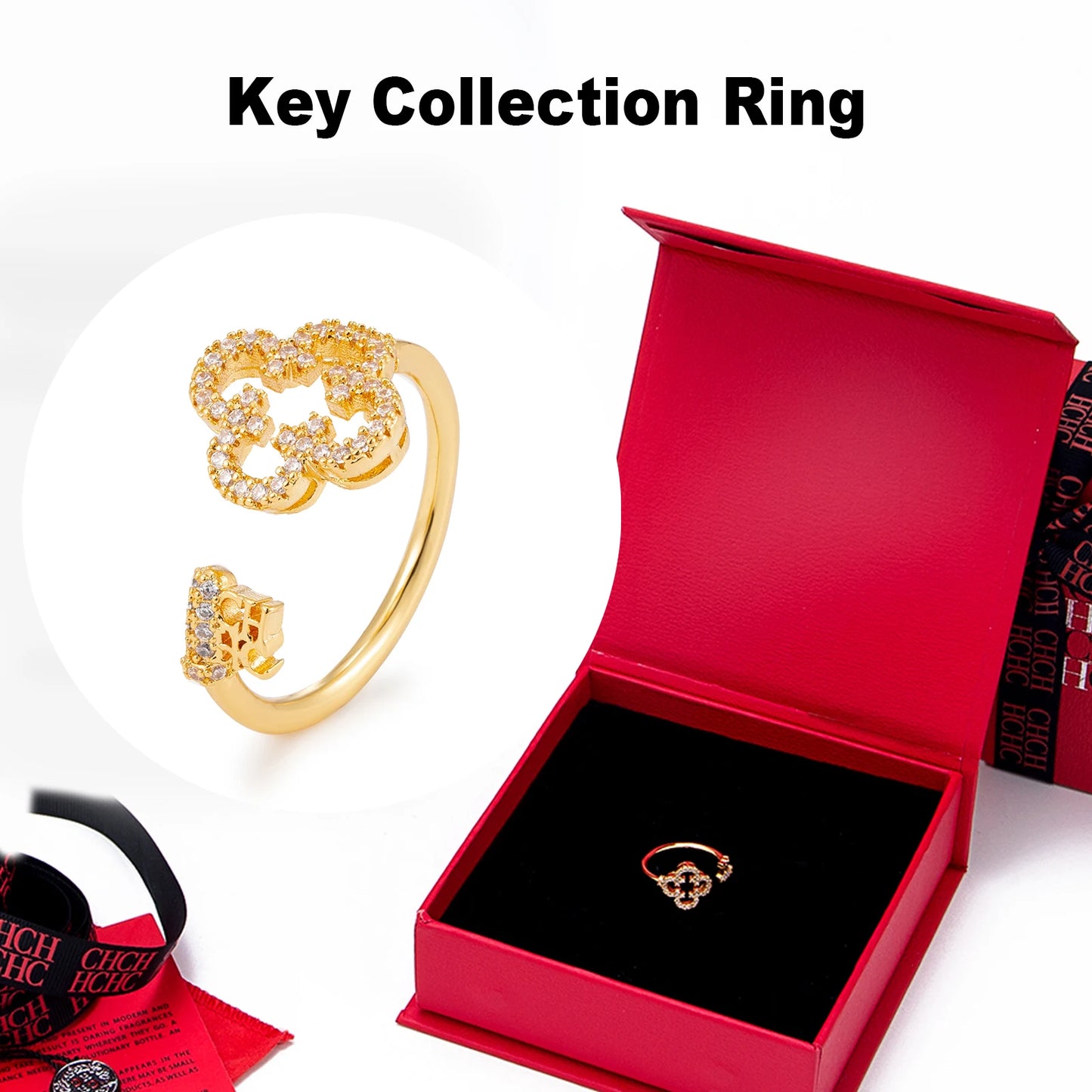 2025 Key Shape Jewelry Set Necklace Earrings Bracelet Ring Gold Plated Brass Zircon Adjustable Light Luxury Gift For Her Party