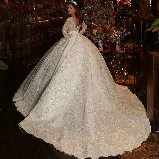 Wedding Dress Fully Beaded With Princess Ball Gown O-Neck Full Sleeve Bride Dress Customized Button Vestido De Novia