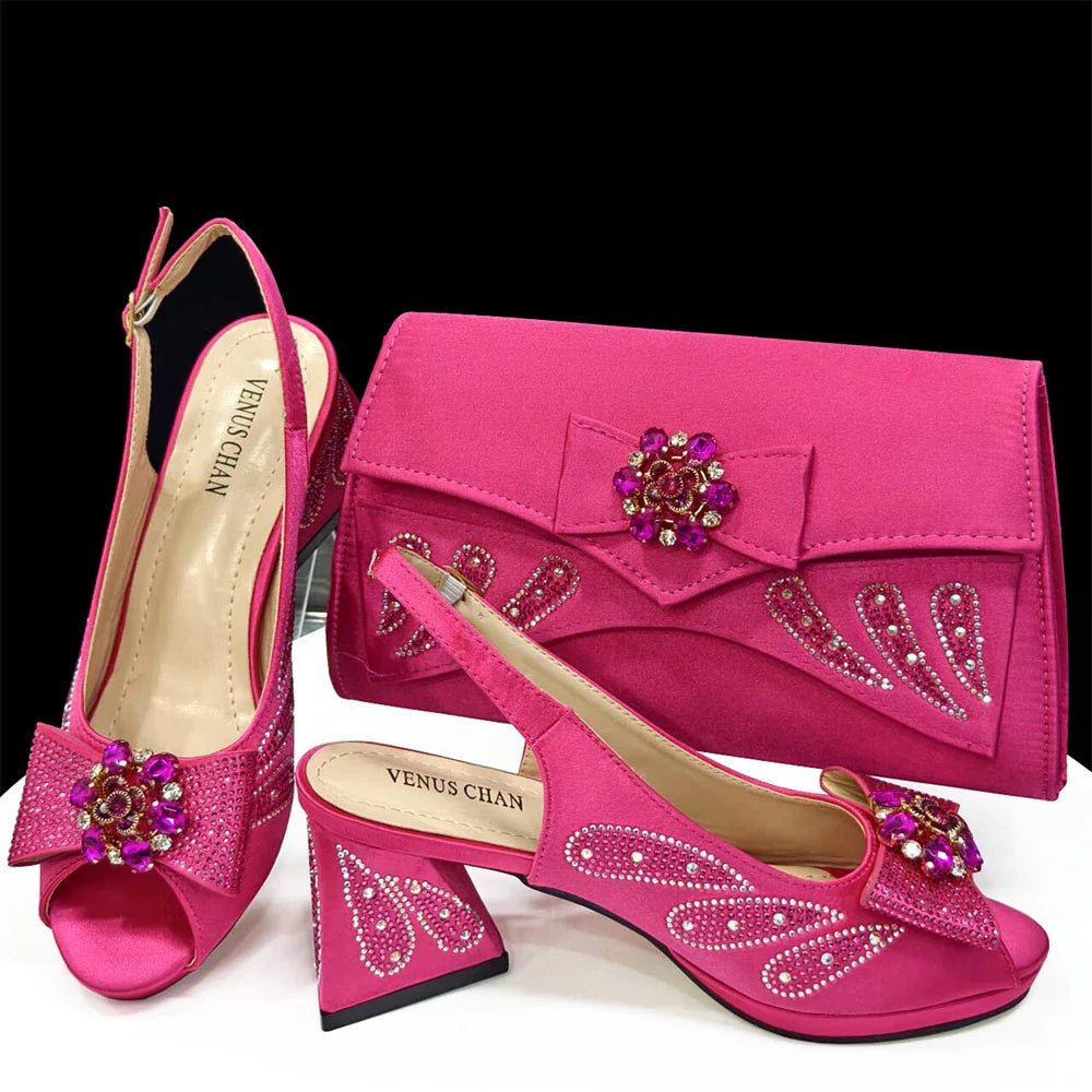 Italian Shoes and Bags Matching Set for Women Bow Rhinestones Peep Toe High Heels Purple Color Nigerian Party 2024
