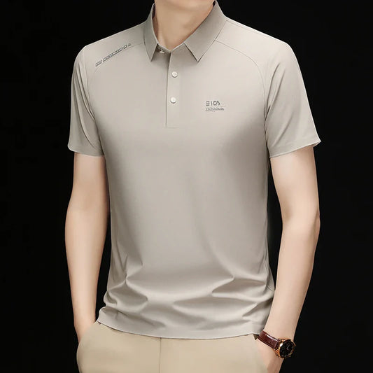 High quality ice silk short sleeve polo shirt cool breathable fashion brand letter printed summer casual men's lapel T-shirt