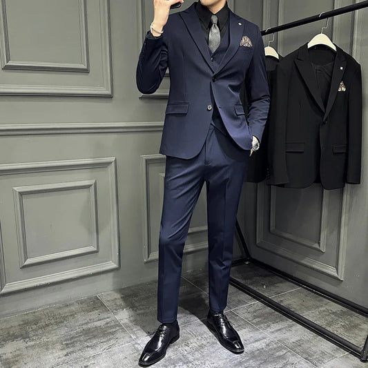 Slim Fit Men's Three Piece Suit Thin Single Button Notch Lapel Casual Fashion Cotton Blend Spring Autumn Wear for Youth