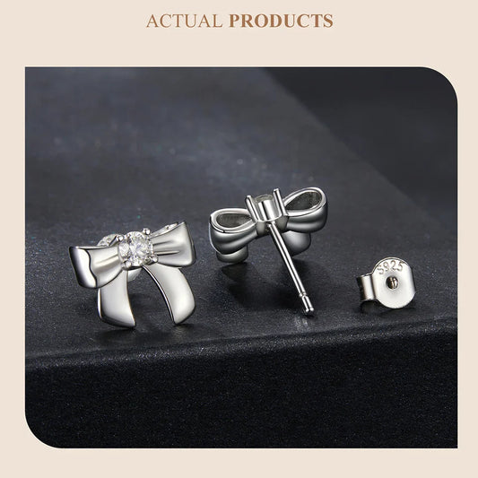 Solid 925 Sterling Silver Bow Moissanite Stud Earrings for Women Teens Small Ribbon Stud Earrings Bowknot MSE085