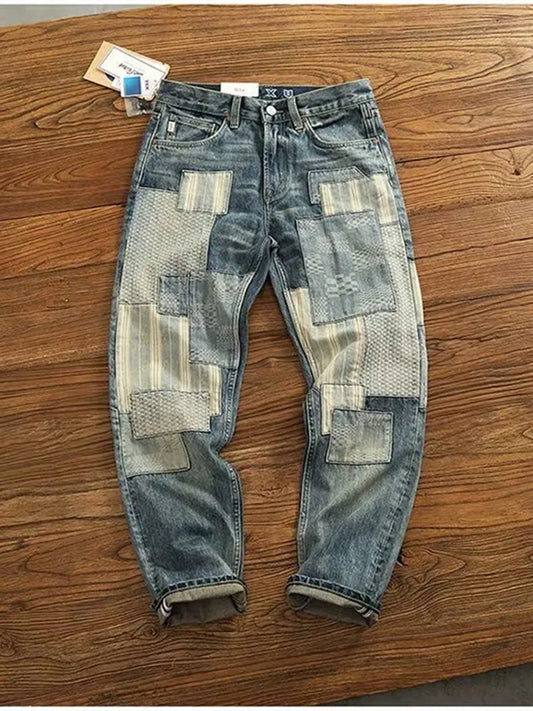 Autumn and Spring New Fashion Trend Printed Ripped Straight Leg Jeans Men's Casual Loose Vintage Sports High-grade Denim Pants