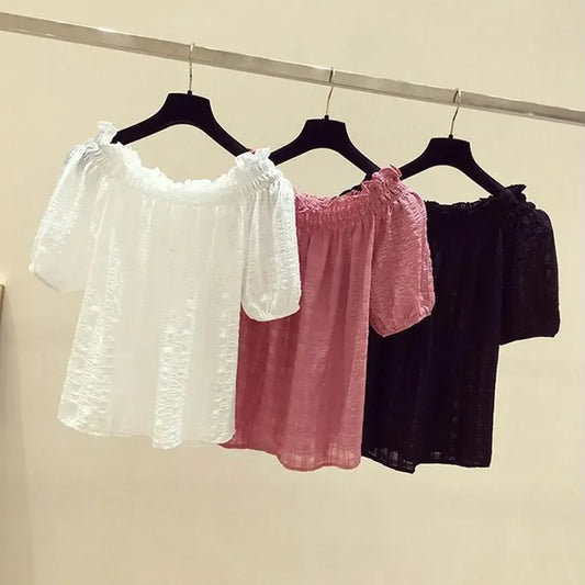 Black casual slash neck puff sleeve chiffon pullover women's blouse shirt female clothing tops fashion short blouses 2025