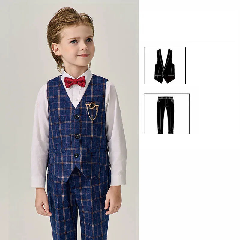 Boys Dark Green Jakcet Vest Pants Bowtie Evening Party Dress Children Wedding Photograph Suit Kids Ceremony Performance Costume