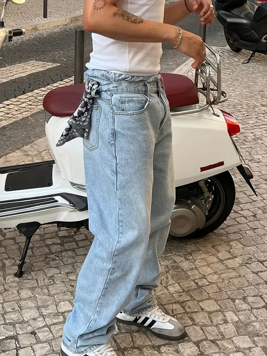 Calça Jeans Masculina Azul Lavado Vintage de Caimento Solto - Calça Jeans Casual Reta com Zíper, Conforto para Todas as Estações, Cintura Média, Casu