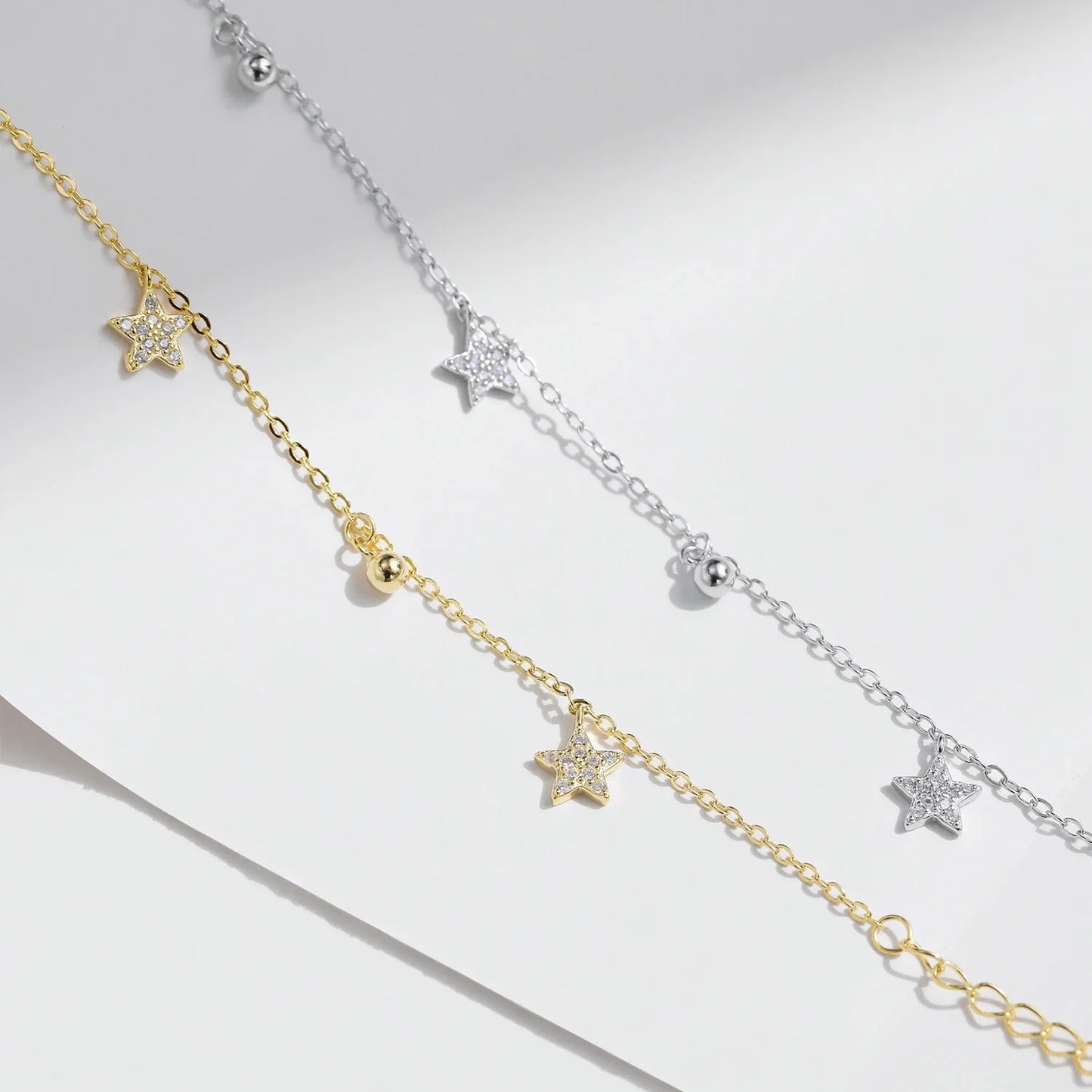 925 Sterling Silver Stars & Beads Charm Pendant Bracelets Gold Color Stackable Link Chain For Women Party Jewelry