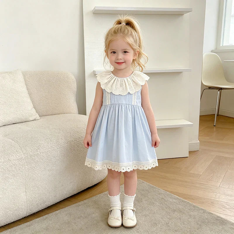 2026 Summer Girls New Korean Lace Collar 2-6Yrs Girl Dress Baby Girl Stylish Sleeveless Dress Girls Princess Korean Dress