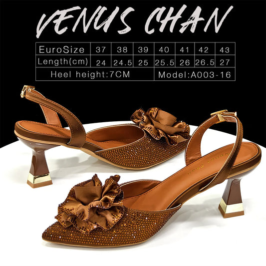 Trendy Brown High Heel Women's Shoes with 3D Rose Rhinestones & Matching Handbag Set - Italian-Inspired Pointed-Toe Design