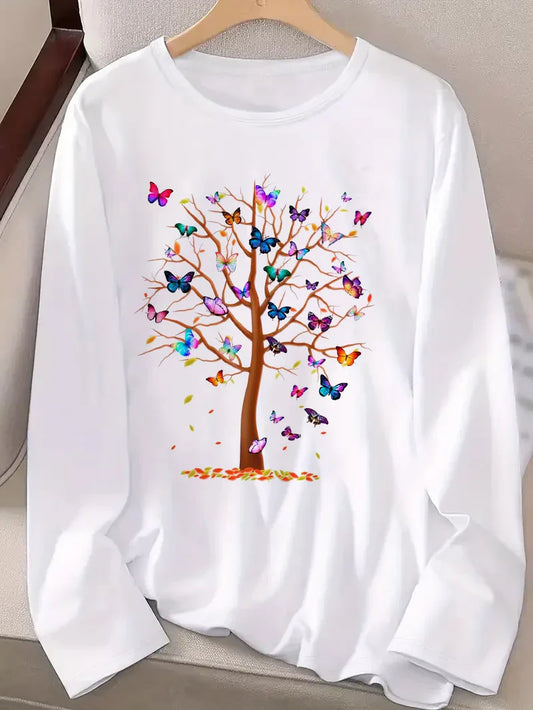 Long Sleeve T-Shirt Butterfly Tree Print Harajuku Shirt Funny Gothic T Shirt Women's Casual Print Crew Neck Top Tee Tshirt