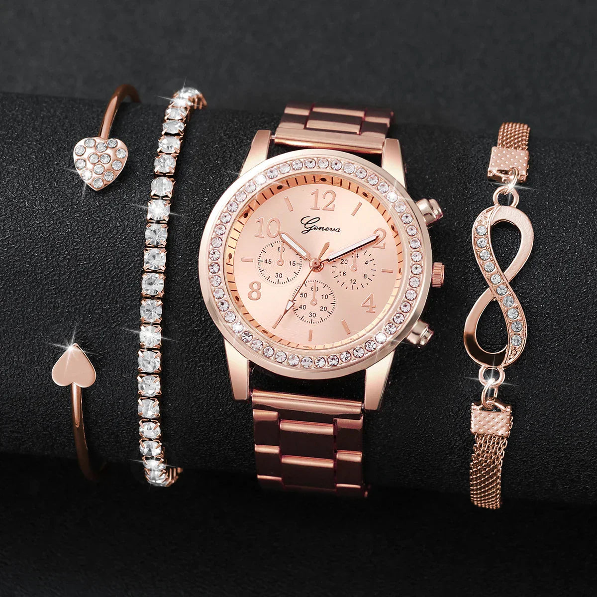 4PCS Fashion Women Watch Luxury Rhinestone Steel Band Ladies Quartz Watch Bracelet Set Relogio Feminino(Without Box)