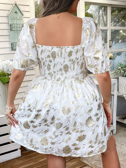 New French Elegant Square Neck Gold Digital Print Plus Size Dress Short Lantern Sleeve Mini Skirt Party Wedding Guest Dresses