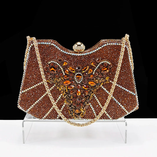 Heel Shoe for Women Hollowed Out Embroidery Rhinestone Italian Design Coffee Color Pointed-Toe Shoes and Bags Set