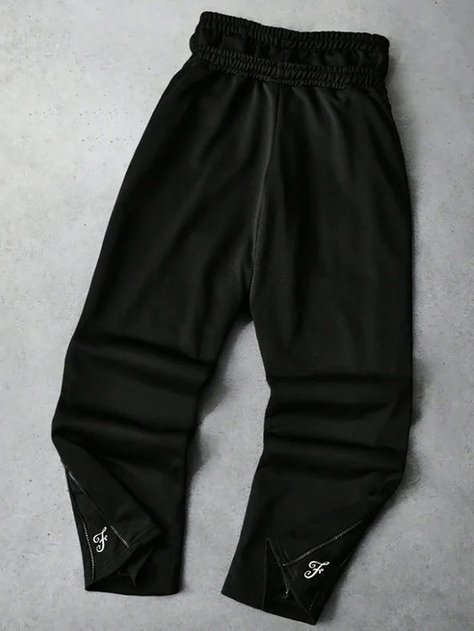 Men's Trendy Street-Style Ins High Street Black Faux Two-Piece Design Sweatpants with Unique Waistband and Ankle Zipper Details. It Is Perfect for Music Festival Outfits or Everyday Wear, Making It a Great Gift for Your Boyfr