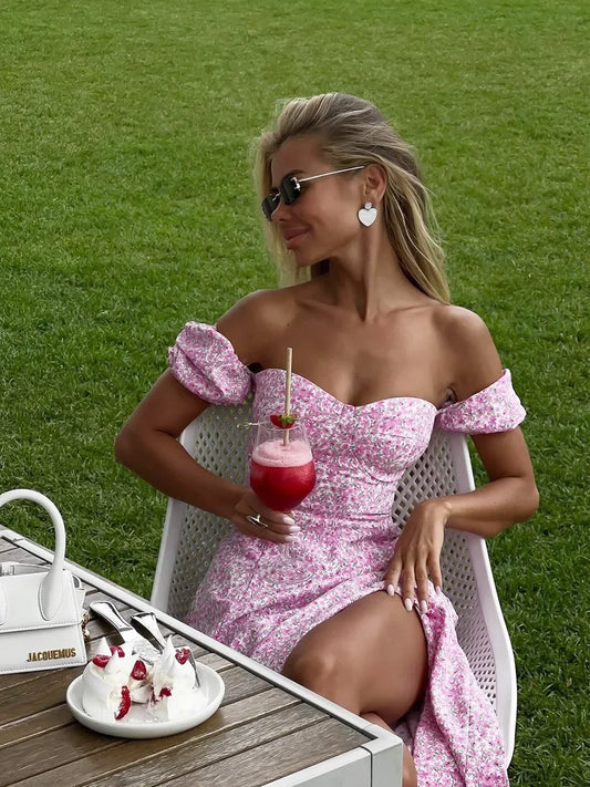 Women's Off Shoulder Floral Dress Summer New Fashionable Slit Long Slim Fit Print Dress Sexy Hot Girl Evening Dresses