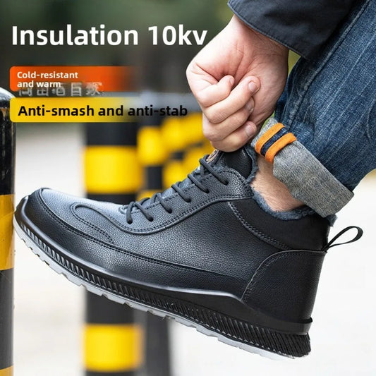 Plush Labor Protection Shoes for Winter Work Shoes Men's Anti Smashing Anti Piercing Microfiber Leather Work Cotton Safety Shoes