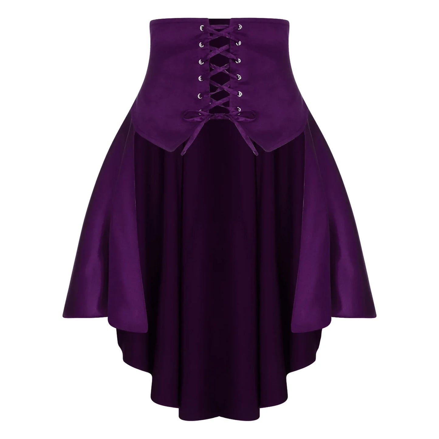 Womens Gothic Steampunk Satiny Pirate Skirt Front Lace-up Tiered Ruffled Irregular Hem Skirt Waist Belt Vintage Medieval Costume