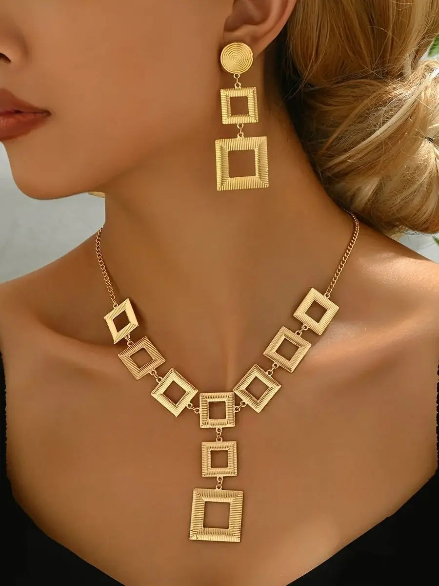 Lxalry 14K Gold Geometric Set, Electroplated Necklace & Earrings, Hypoallergenic 316L, Gift For Everyday Chic To Evening Glamour