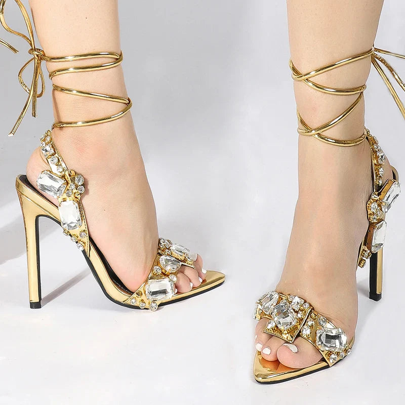 Sexy Gold Sandals Women Crystal Diamond Party Nightclub Stripper Pumps Stiletto High Heels Pointed Toe Banquet Wedding Shoes