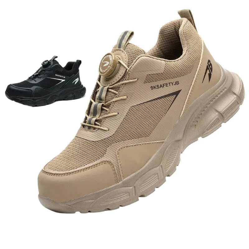 Men Lightweight Safety Shoes Button Elastic Protection Shoes With Steel Toe Anti Smashing And Anti PiercingTactical Boots