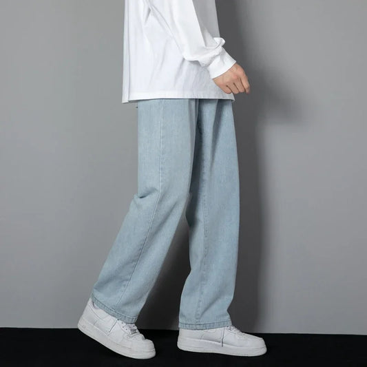 2026 Novas Calças Jeans Casuais Masculinas Coreanas Clássicas Masculinas Retas de Sarja Perna Larga Cor Sólida Azul Claro Preto 3GG Calça Cargo