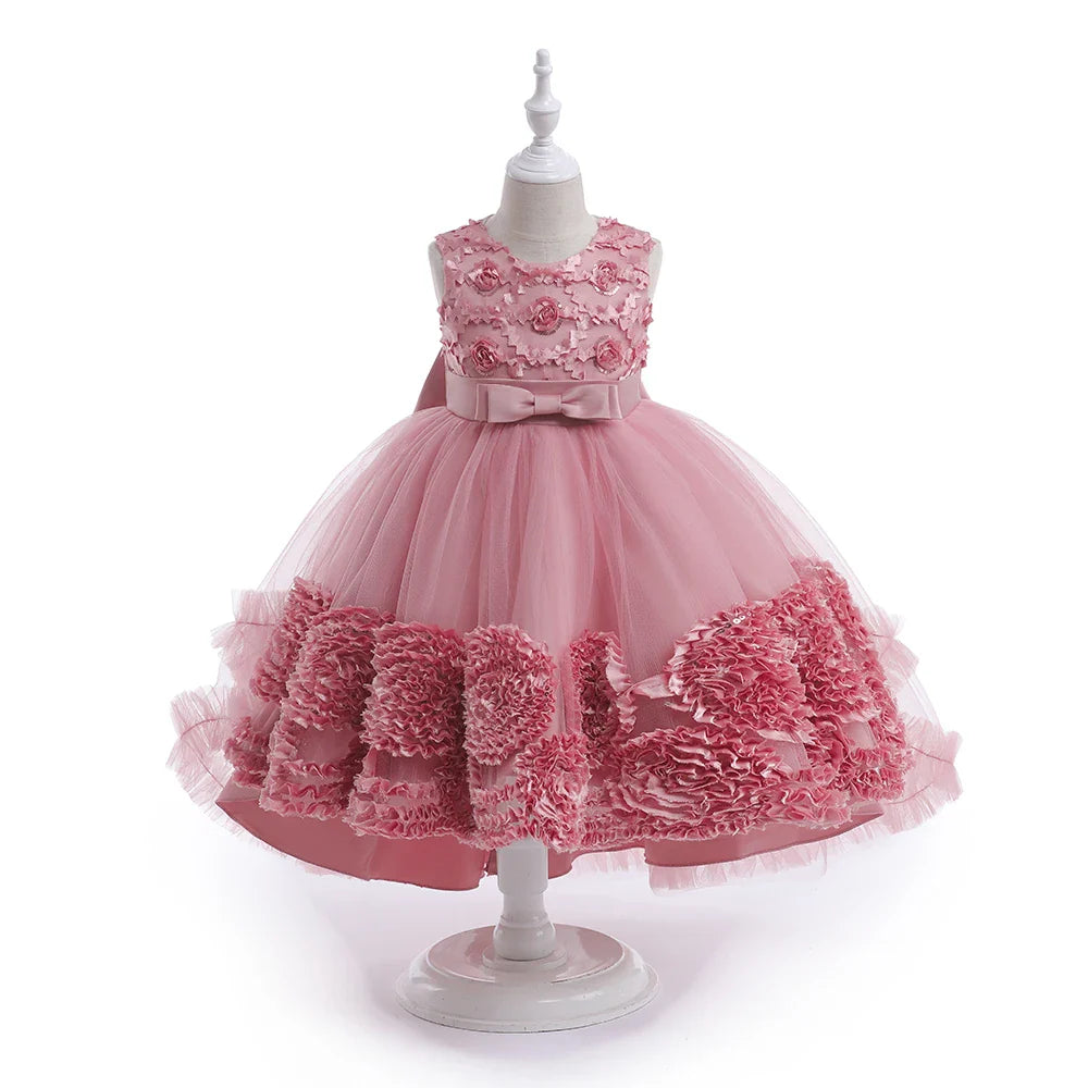 Summer Flower Party Girls Dress Christmas Costume Tulle Trailing Bridesmaid Princess Kids Dresses for Girl Wedding Birthday Gown