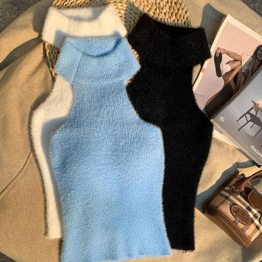 Spice Girl Hair Halter Neck Camisole Female Imitation Mink Inside Tank Top Autumn and Winter Design Sense Knitted Bandeau Top