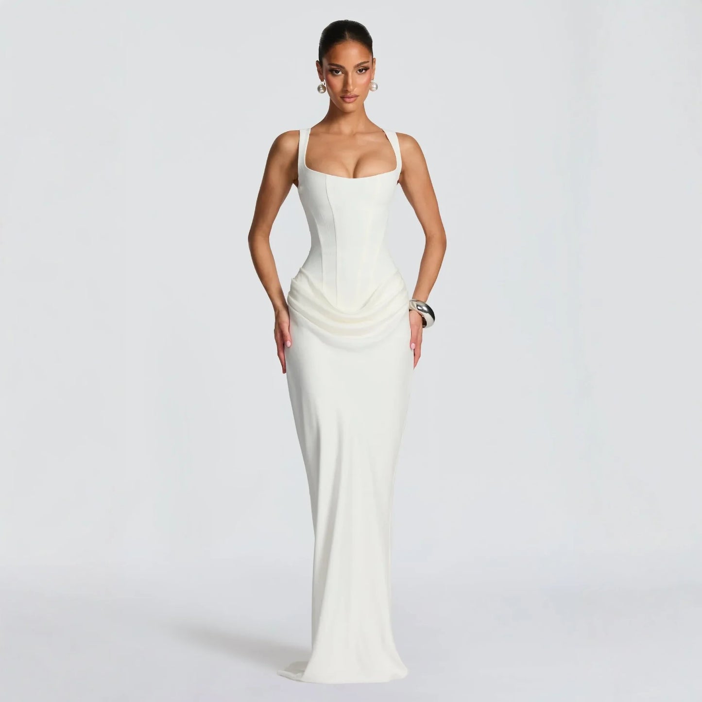Women's casual long sleeved slim fit fishbone pure desire suspender jumpsuit long skirt slim fit solid color hip hugging dress