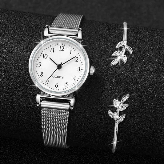 2PCS Fashion Arabic Dial Women Quartz Watch Steel Mesh Band Watches Opening Cuff Bracelet Bangle Set(Without Box)