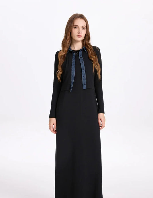 ribbing cardigan with denim collar + sleeveless maxi dress matching set for woman clothes