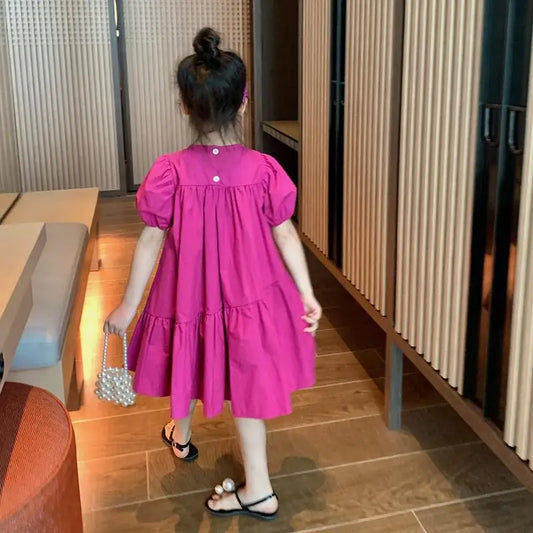 Girls Sweet Dress Summer Children Princess Gown Kids Spring Casual Short-sleeve Vestidos Kids Solid Color Loose Clothing 2-8Y