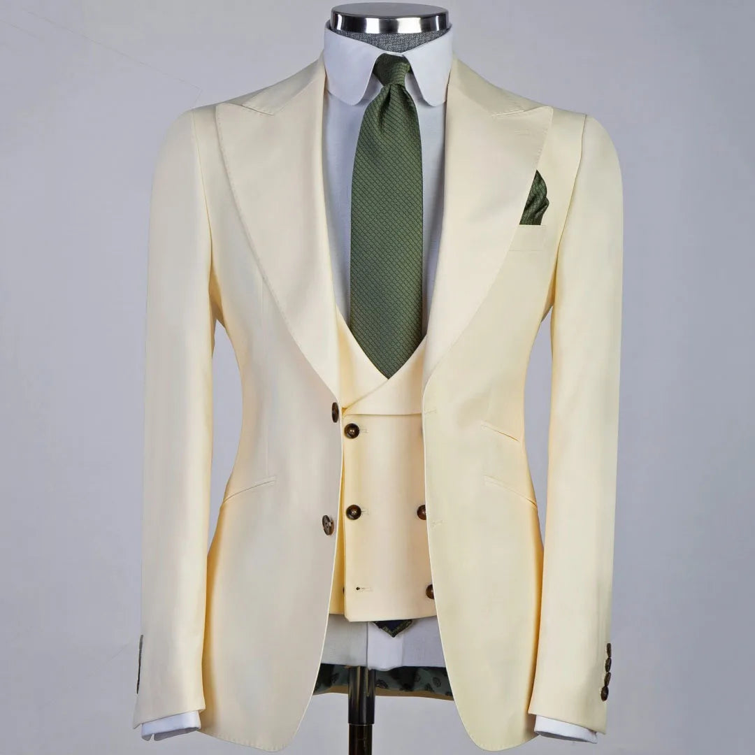 Men Suit 3 Pieses White Solid With Lapel And Pocket For Wedding Birthday Business Party Office Work Jacket Vest With Pants