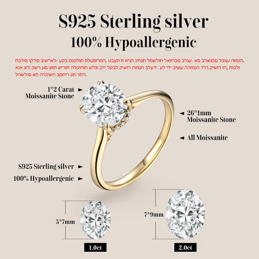 Oval Cut 9*7mm 2CT D VVS1 Moissanite Rings S925 Sterling Silver for Women Engagement Wedding Lady's Jewelry Gift Luxury