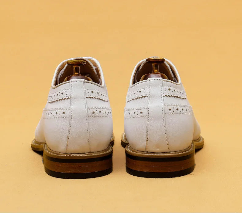 Luxury Men's Dress Shoes Genuine Leather Brogue Wingtip Toe Oxford White Lace-Up Business Wedding Formal Men Shoes
