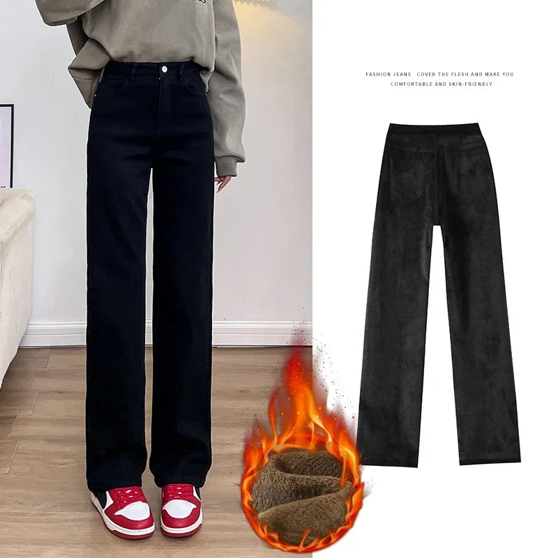 Women's Velvet Jeans Loose Straight Warm Soft Fleece Pants