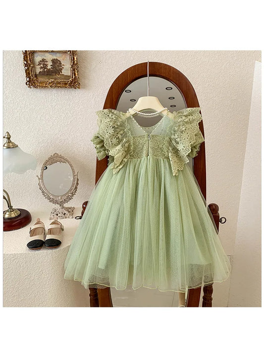 Kid Girl Elegant Light Green Dress for Children Intricate Lace Flutter Sleeves and Voluminous Sparkling Tulle Skirt Summer