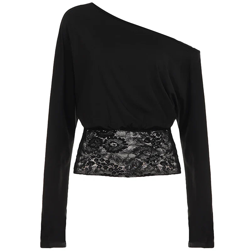 Elegant Off-Shoulder Lace-Trimmed Waist-Defining Top Retro Streetwear Solid Long-Sleeve T-Shirt For Women Spring-Summer