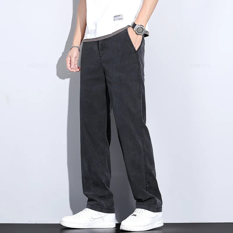 Summer New Upgrade Soft Lyocell Fabric Jeans Men Ultrathin Blue Elastic Waist Loose Straight Denim Trousers Male Plus Size 5XL