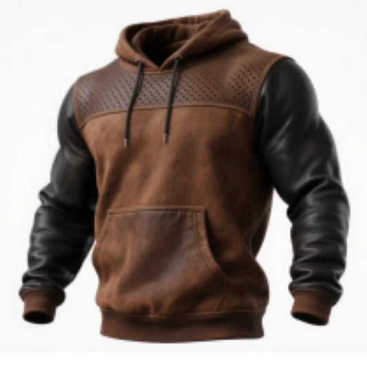 Mens Vintage Brown Hoodie Leather Trim Perforated Details Retro Streetwear Pullover Military Workwear Style Autumn Winter