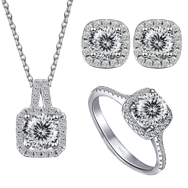 S925 Sterling Silver jewelry for women 1 carat moissanite diamond 3 pieces set necklace ring earrings wedding party